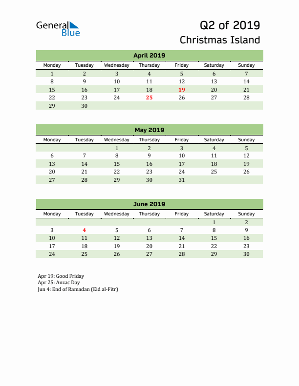 Quarterly Calendar 2019 with Christmas Island Holidays