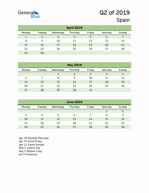 Quarterly Calendar 2019 with Spain Holidays