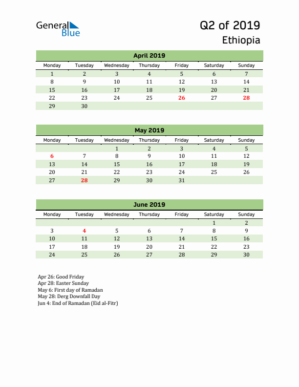 Quarterly Calendar 2019 with Ethiopia Holidays