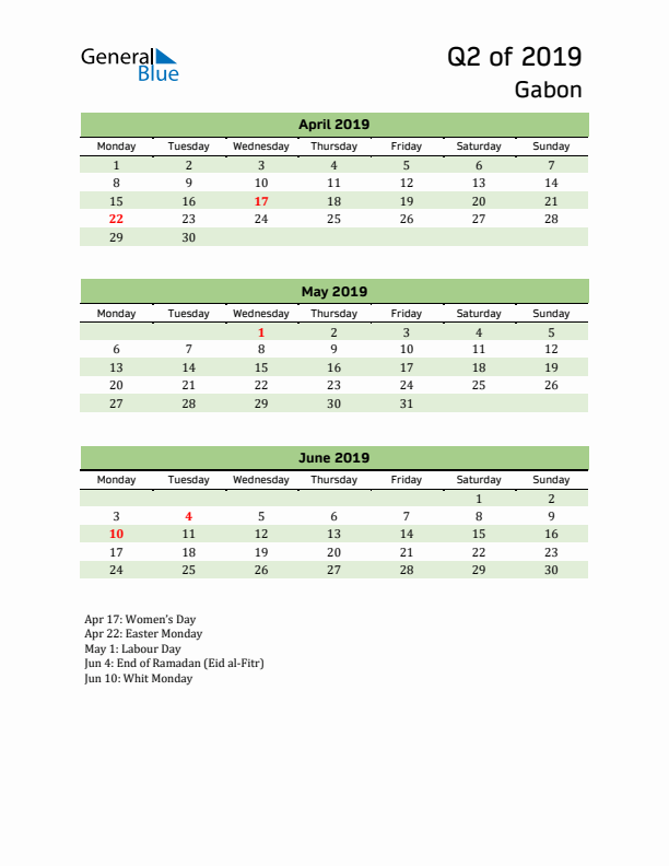 Quarterly Calendar 2019 with Gabon Holidays