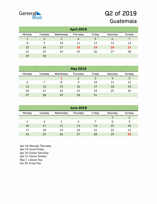 Quarterly Calendar 2019 with Guatemala Holidays