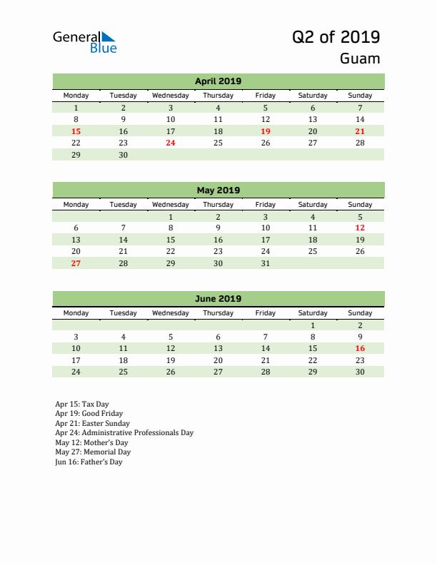 Quarterly Calendar 2019 with Guam Holidays