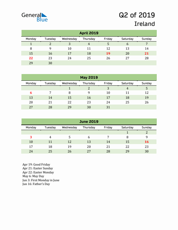 Quarterly Calendar 2019 with Ireland Holidays