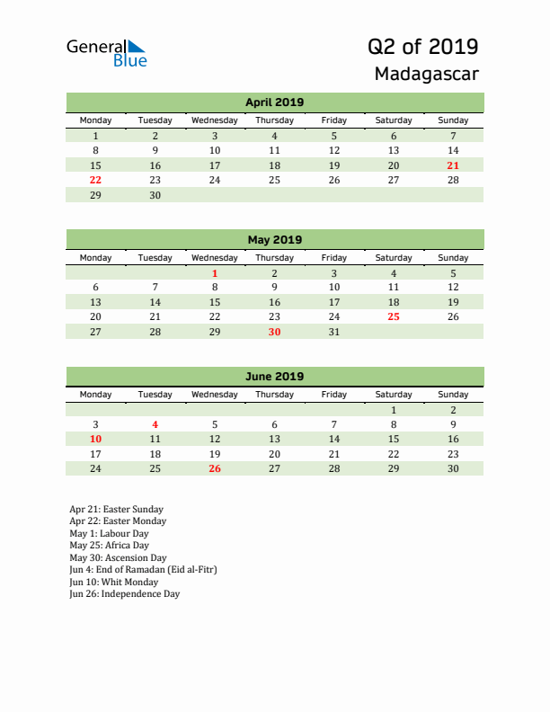 Quarterly Calendar 2019 with Madagascar Holidays