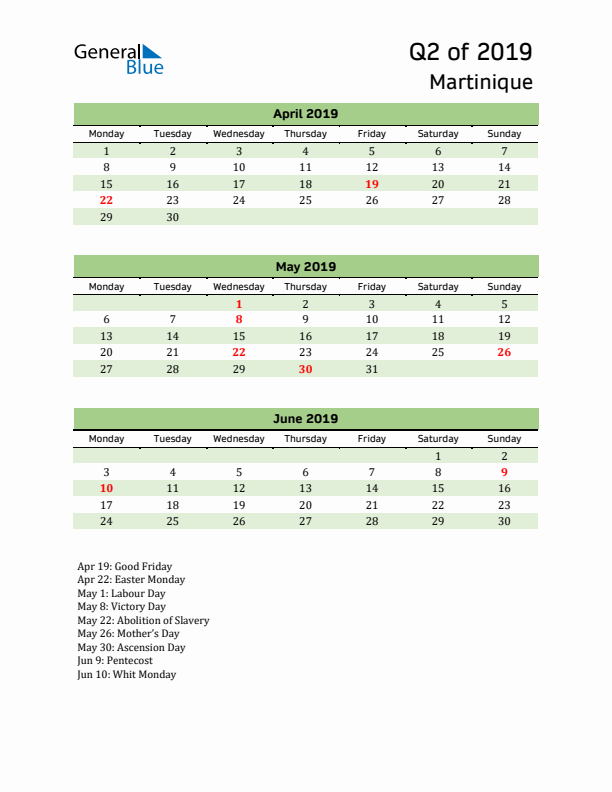 Quarterly Calendar 2019 with Martinique Holidays