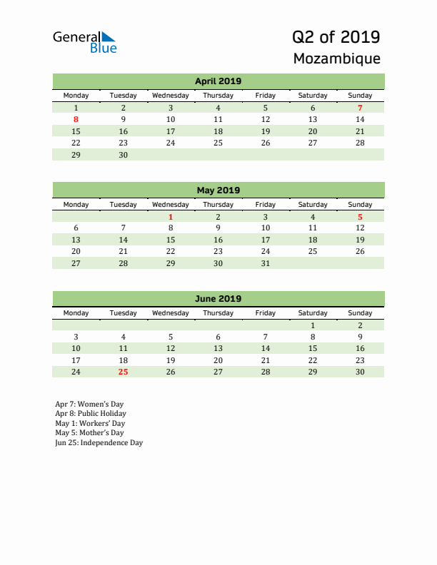 Quarterly Calendar 2019 with Mozambique Holidays