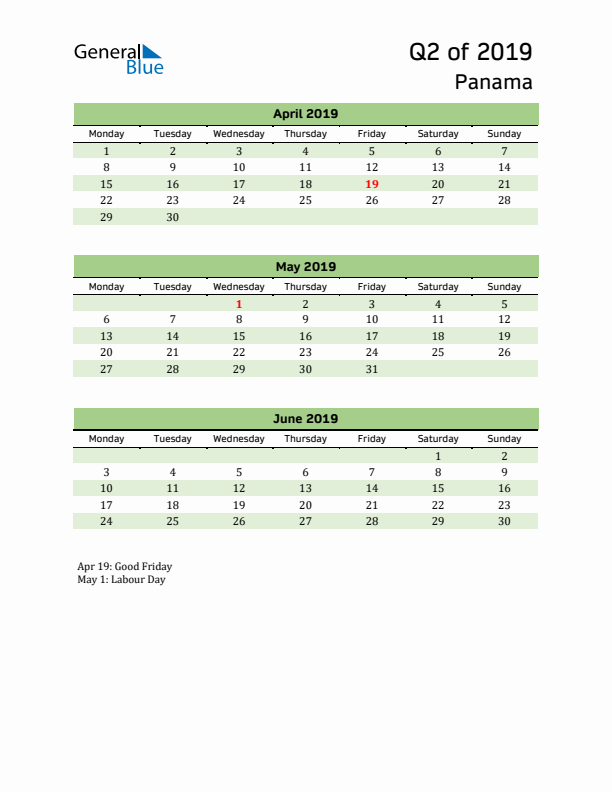 Quarterly Calendar 2019 with Panama Holidays