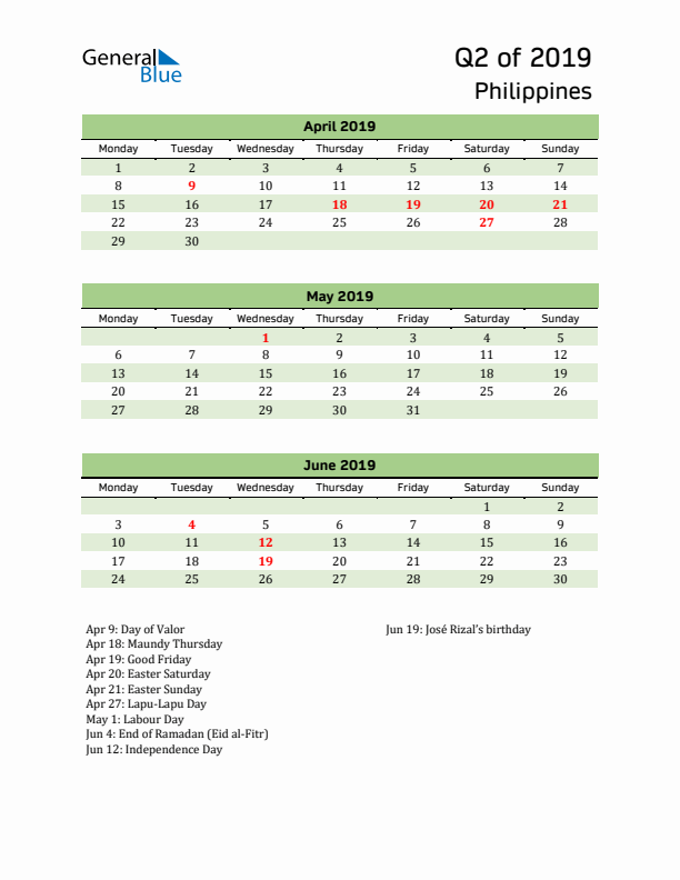 Quarterly Calendar 2019 with Philippines Holidays