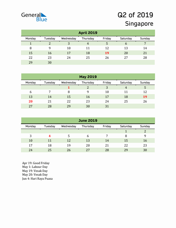 Quarterly Calendar 2019 with Singapore Holidays