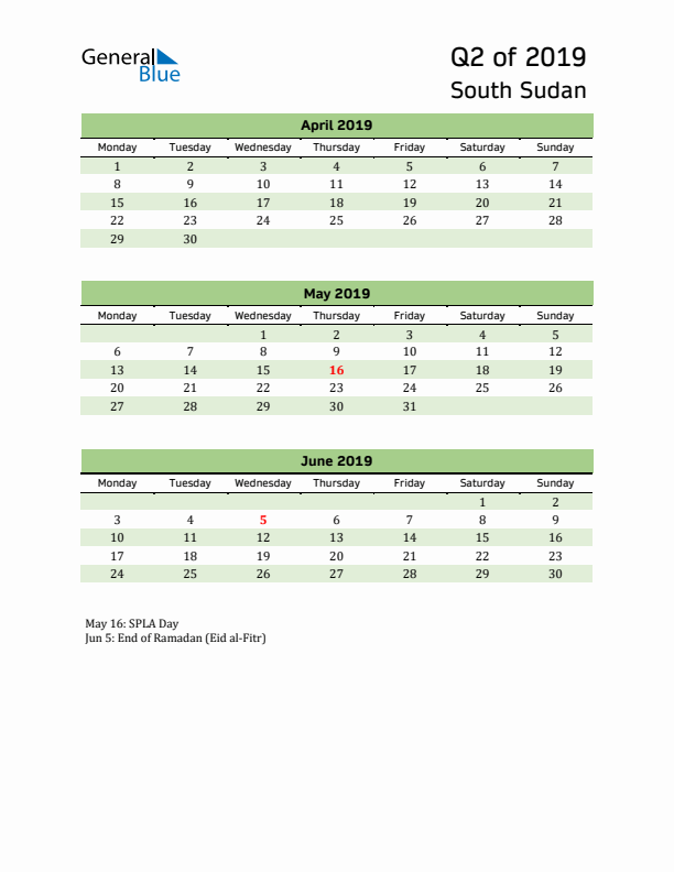 Quarterly Calendar 2019 with South Sudan Holidays