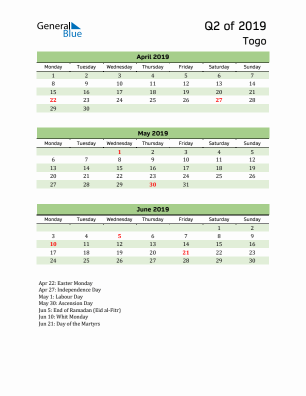 Quarterly Calendar 2019 with Togo Holidays