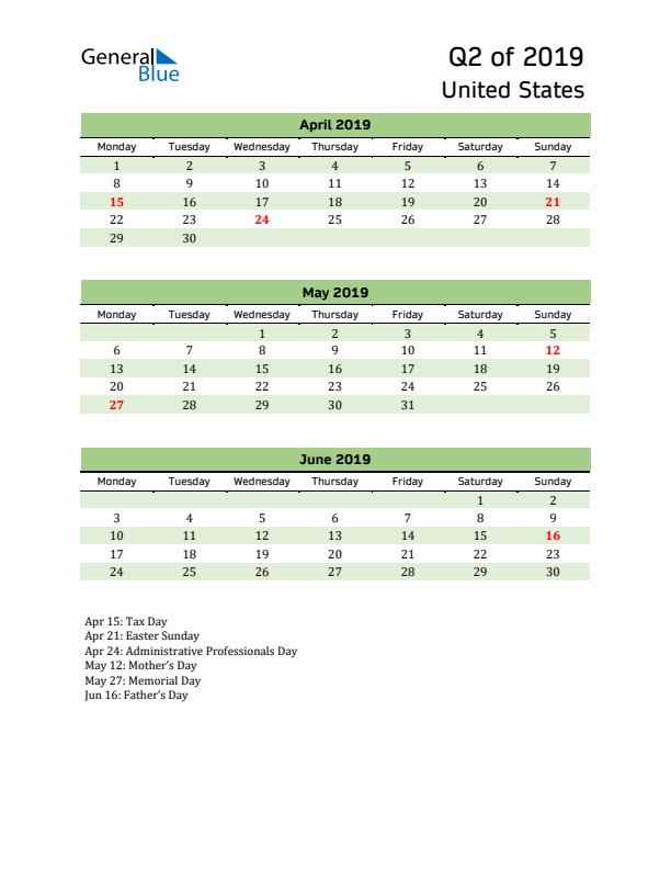 Quarterly Calendar 2019 with United States Holidays