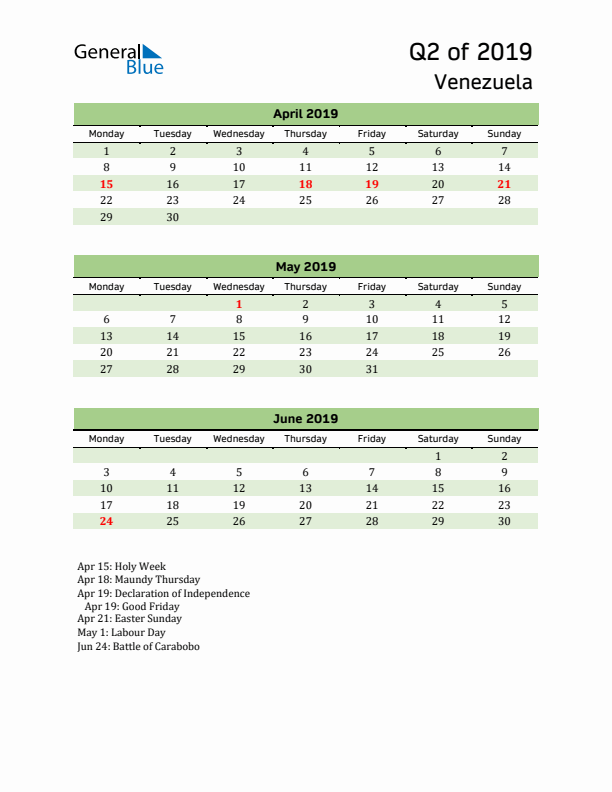 Quarterly Calendar 2019 with Venezuela Holidays