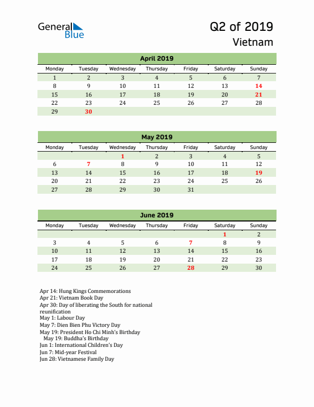 Quarterly Calendar 2019 with Vietnam Holidays