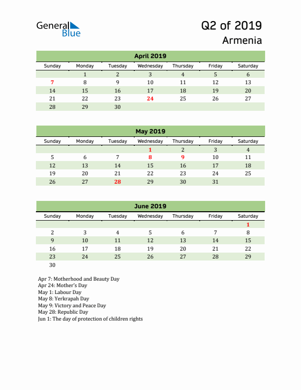 Quarterly Calendar 2019 with Armenia Holidays