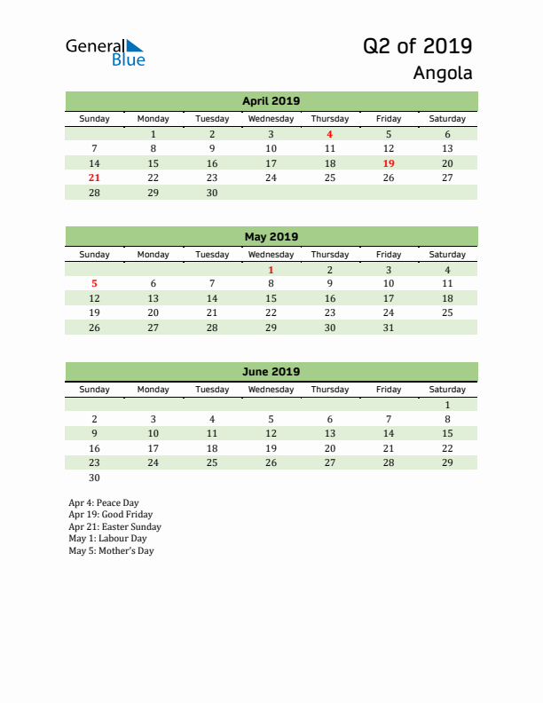 Quarterly Calendar 2019 with Angola Holidays