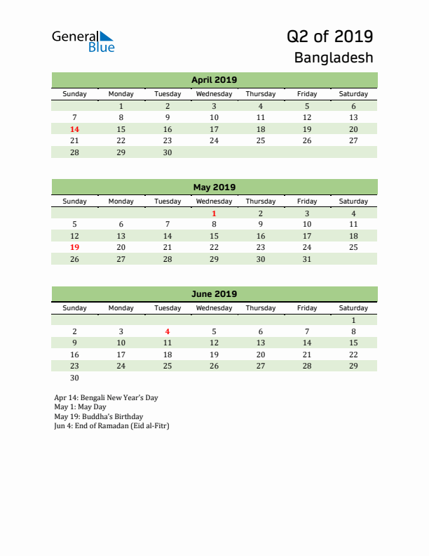 Quarterly Calendar 2019 with Bangladesh Holidays