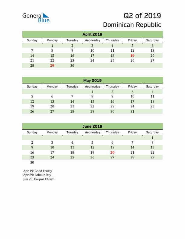 Quarterly Calendar 2019 with Dominican Republic Holidays