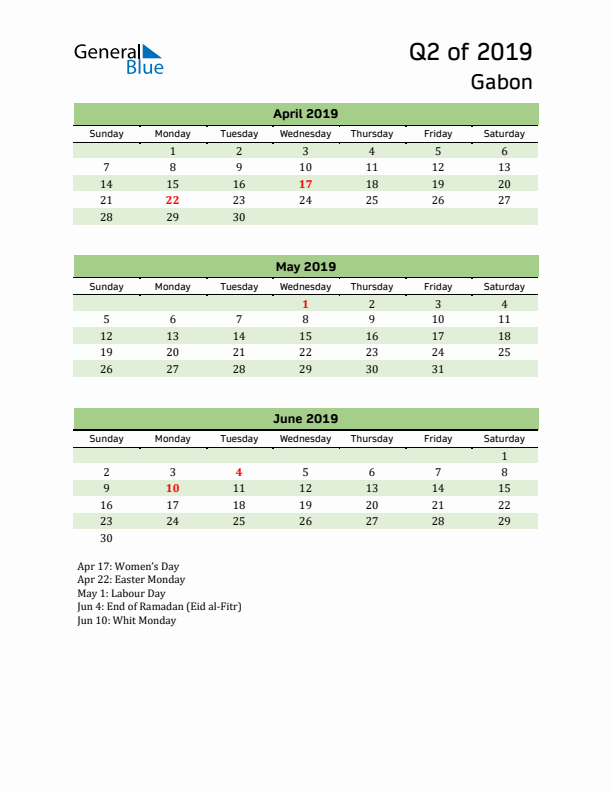 Quarterly Calendar 2019 with Gabon Holidays