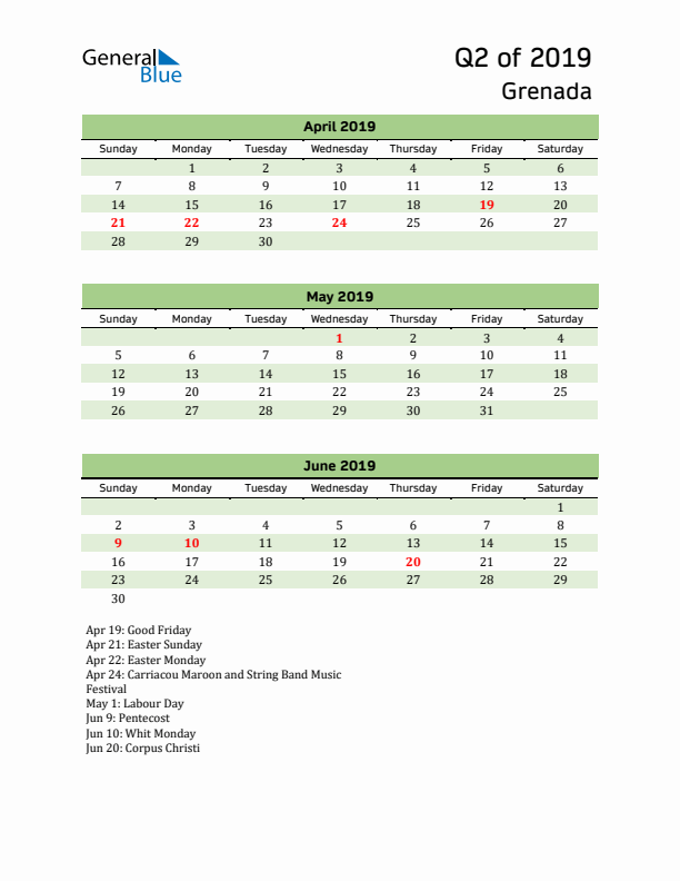 Quarterly Calendar 2019 with Grenada Holidays
