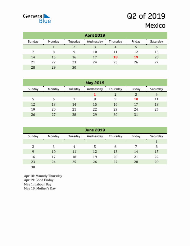 Quarterly Calendar 2019 with Mexico Holidays
