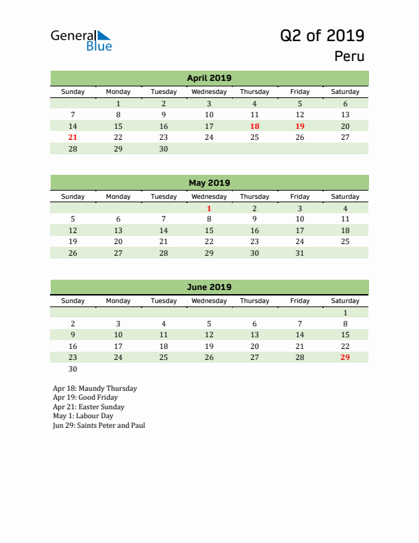 Quarterly Calendar 2019 with Peru Holidays