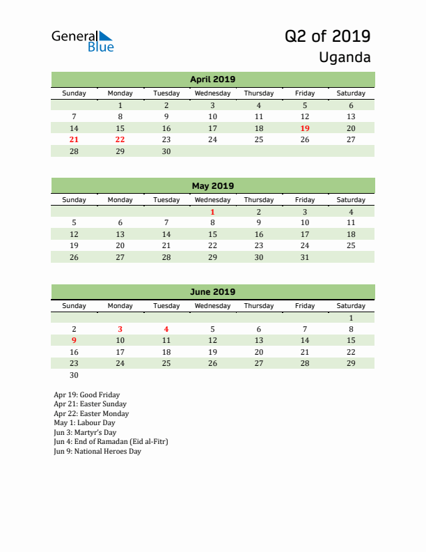 Quarterly Calendar 2019 with Uganda Holidays