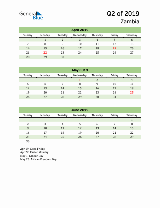 Quarterly Calendar 2019 with Zambia Holidays
