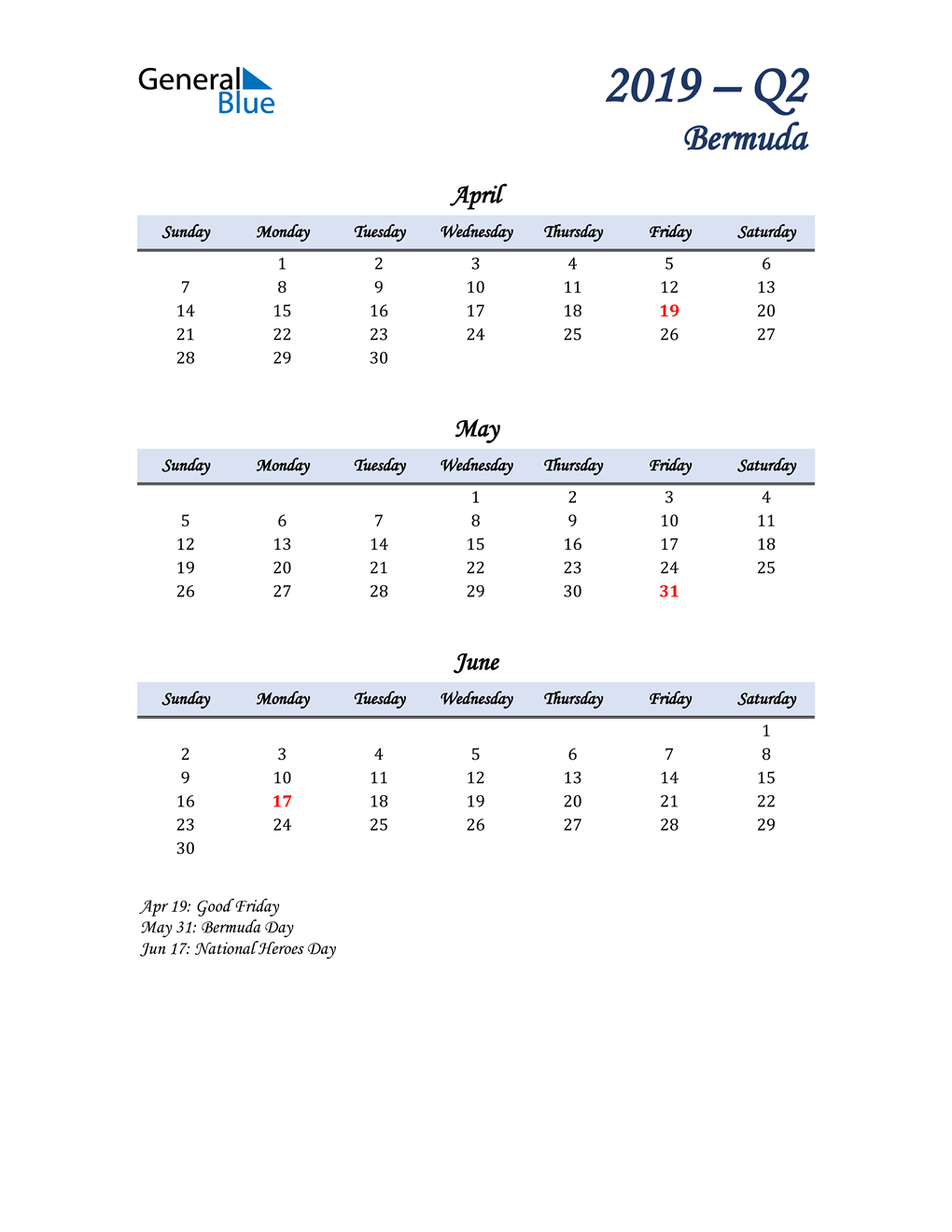  April, May, and June Calendar for Bermuda