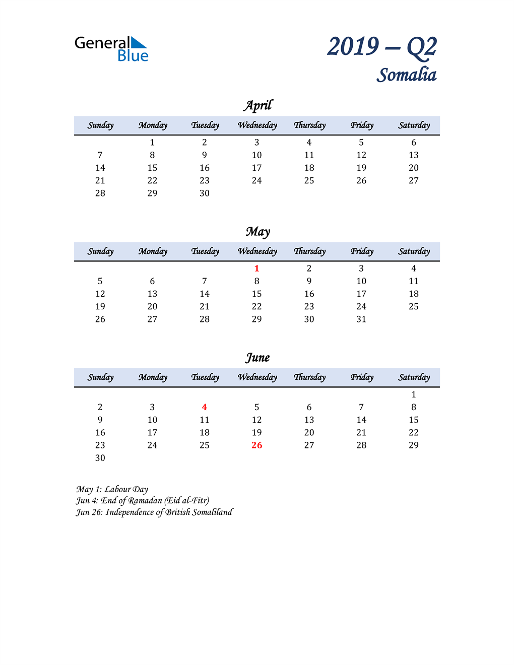  April, May, and June Calendar for Somalia