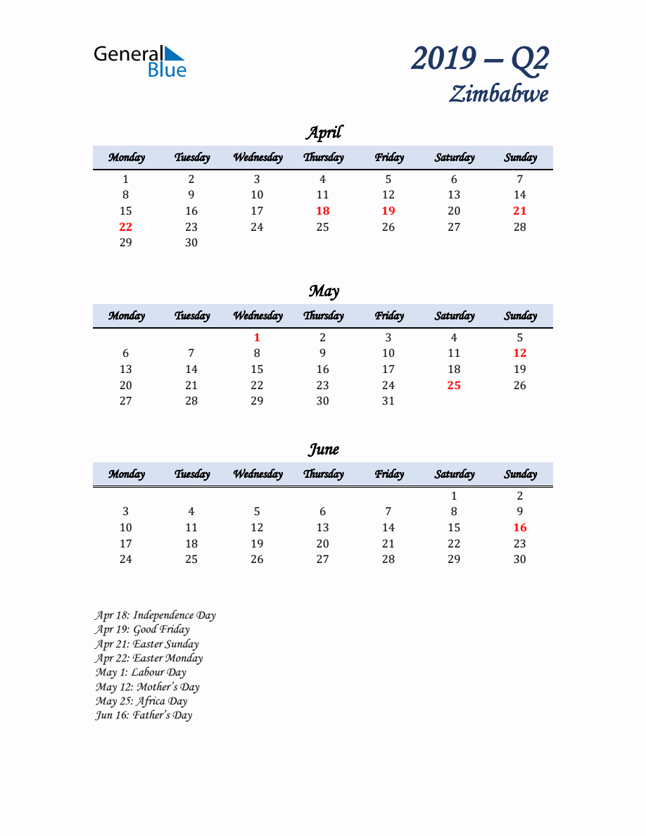 April May And June Calendar For Zimbabwe With Monday Start 1112