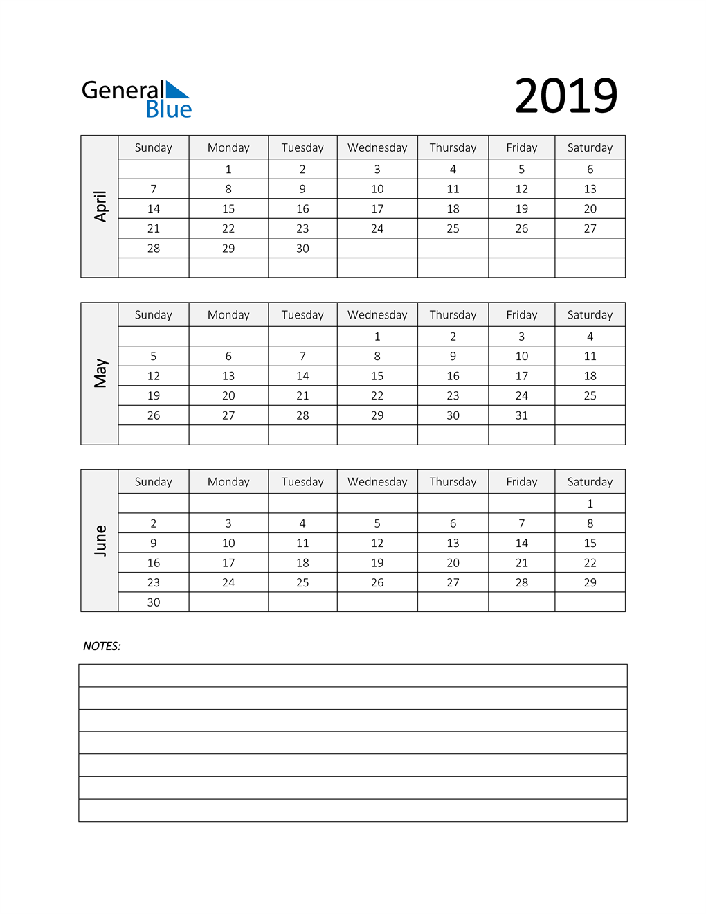  Q2 2019 Calendar with Notes