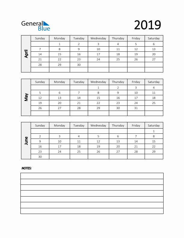 Q2 2019 Calendar with Notes