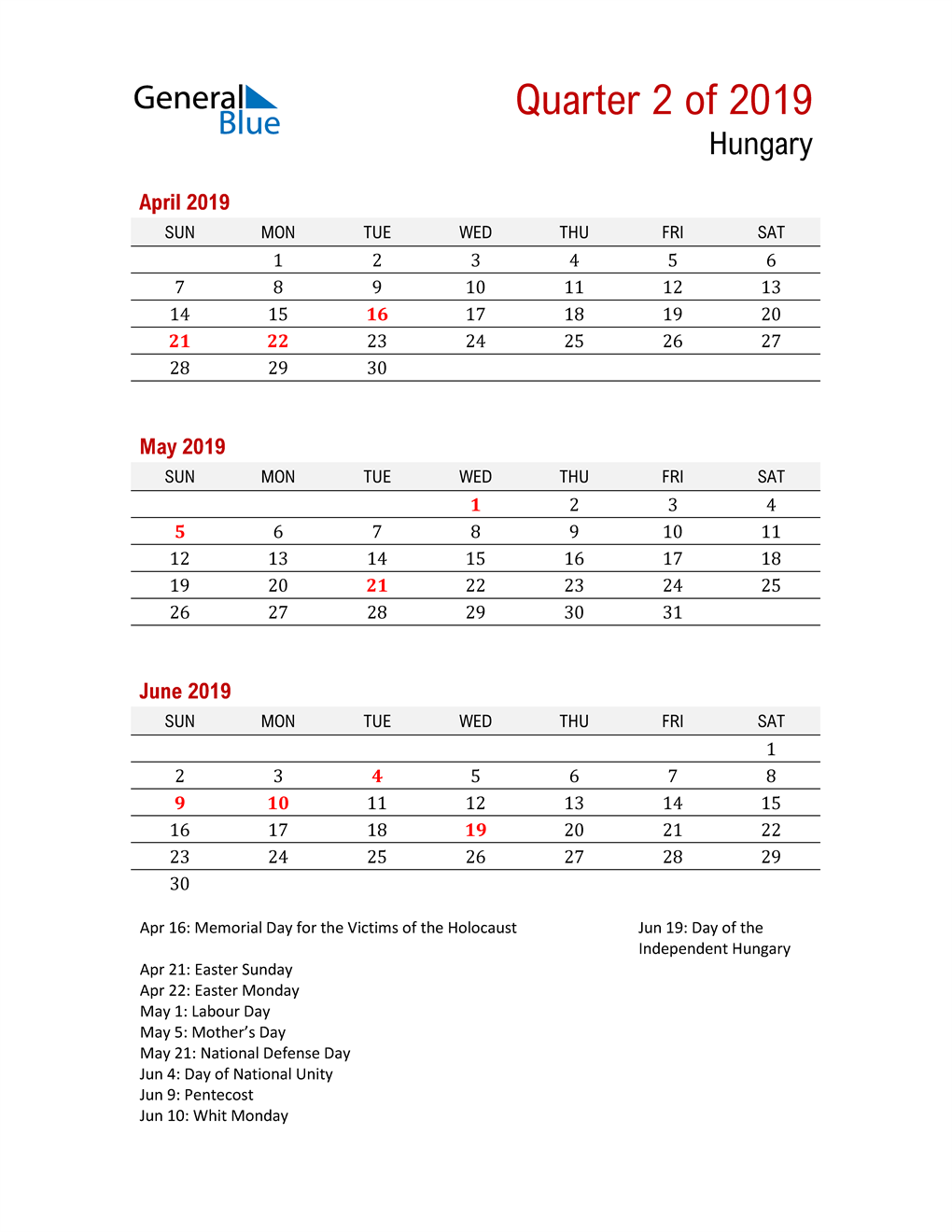  Printable Three Month Calendar for Hungary