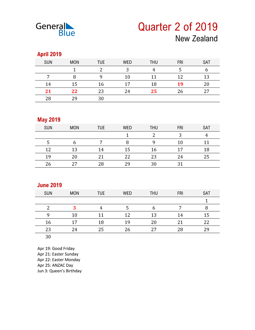  Printable Three Month Calendar for New Zealand