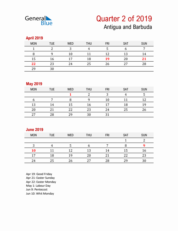 Printable Three Month Calendar with Antigua and Barbuda Holidays