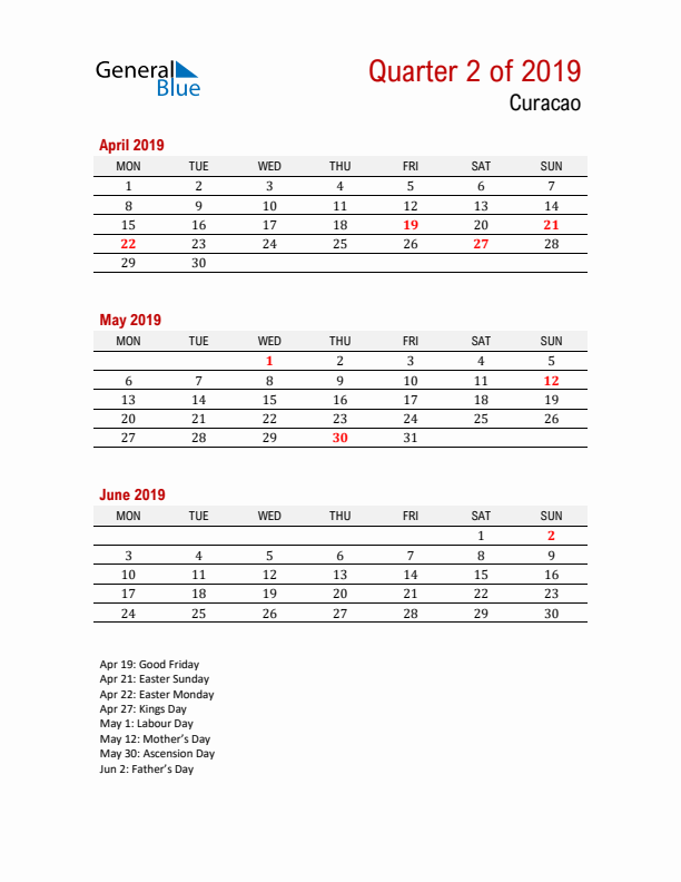 Printable Three Month Calendar with Curacao Holidays