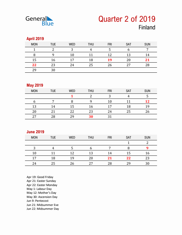 Printable Three Month Calendar with Finland Holidays