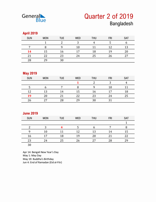 Printable Three Month Calendar with Bangladesh Holidays