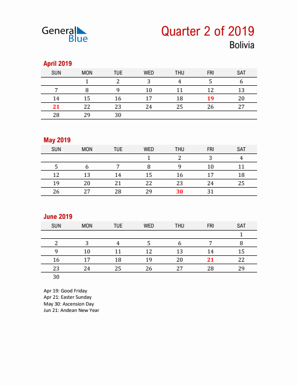 Printable Three Month Calendar with Bolivia Holidays