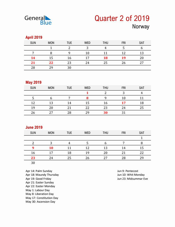 Printable Three Month Calendar with Norway Holidays