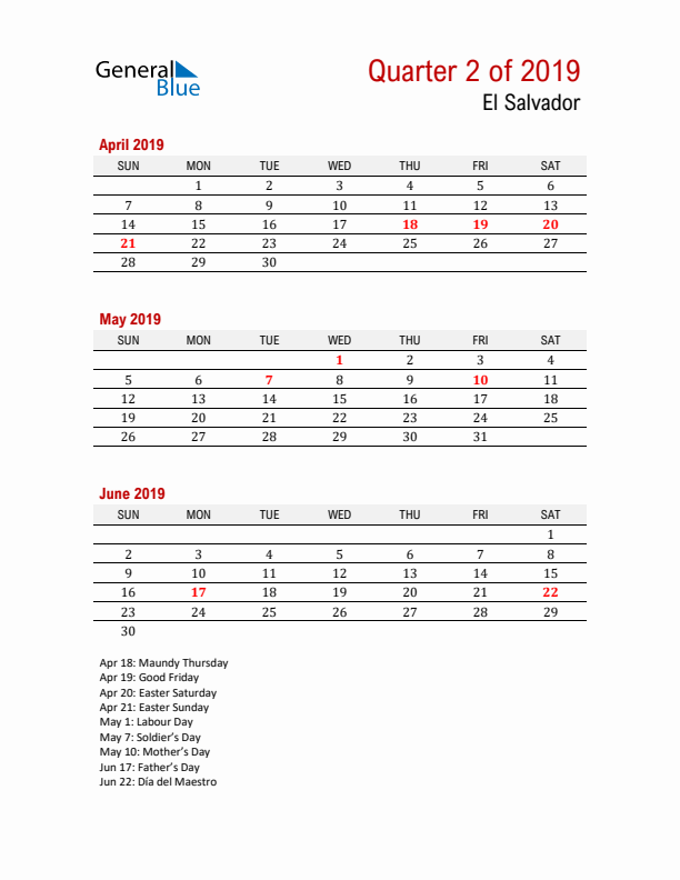 Printable Three Month Calendar with El Salvador Holidays