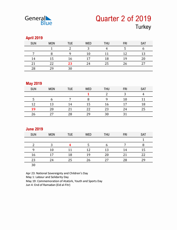 Printable Three Month Calendar with Turkey Holidays