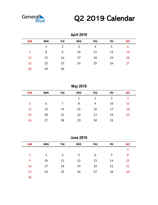  2019 Q2 Calendar with Red Weekend
