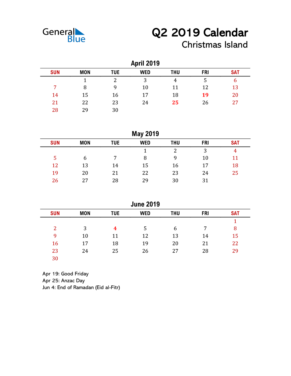  2019 Q2 Calendar with Holidays List