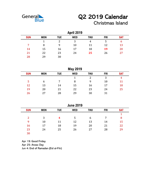  2019 Q2 Calendar with Holidays List