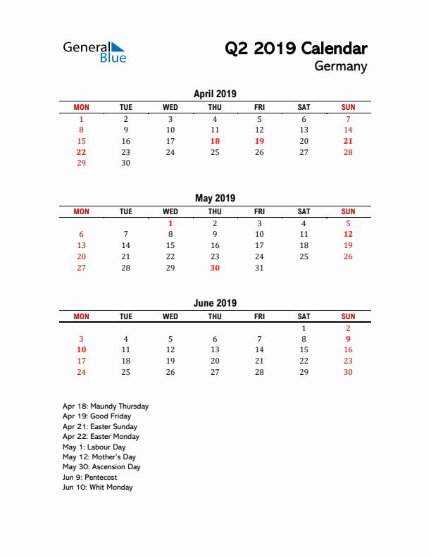 2019 Q2 Calendar with Holidays List for Germany