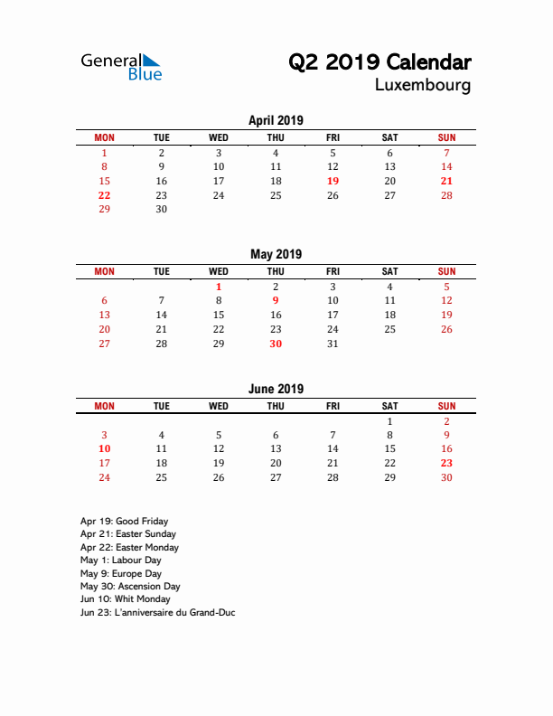 2019 Q2 Calendar with Holidays List for Luxembourg
