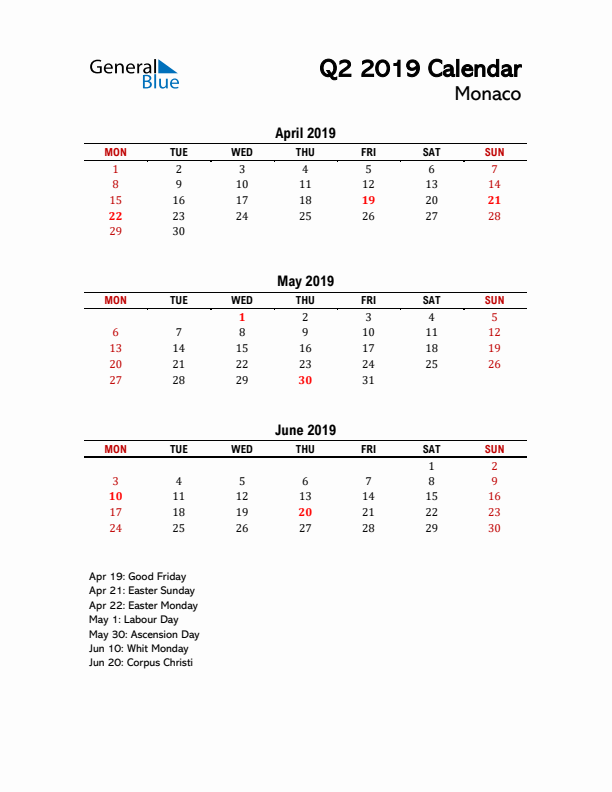 2019 Q2 Calendar with Holidays List for Monaco