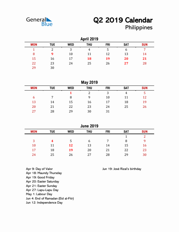 2019 Q2 Calendar with Holidays List for Philippines